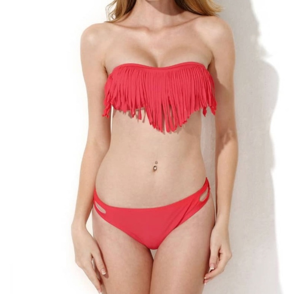 NWOT// Red Bandeau Top With Fringe Bust Bikini